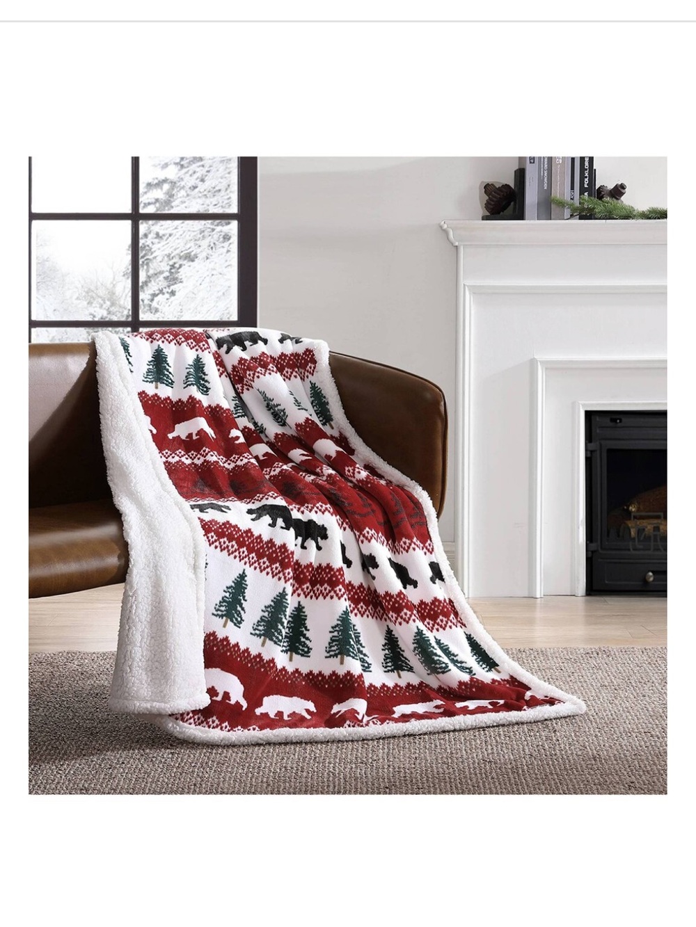 Eddie Bauer Red White Green Bear & Tree Grizzly Peak Sherpa Throw Blanket
